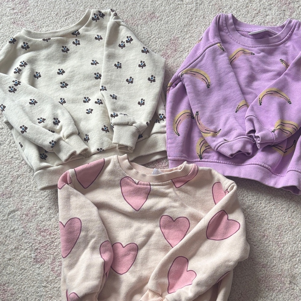 Zara Kids Beige Paw Print, Lavender Banana, and Cream Pink Heart Sweater Bundle